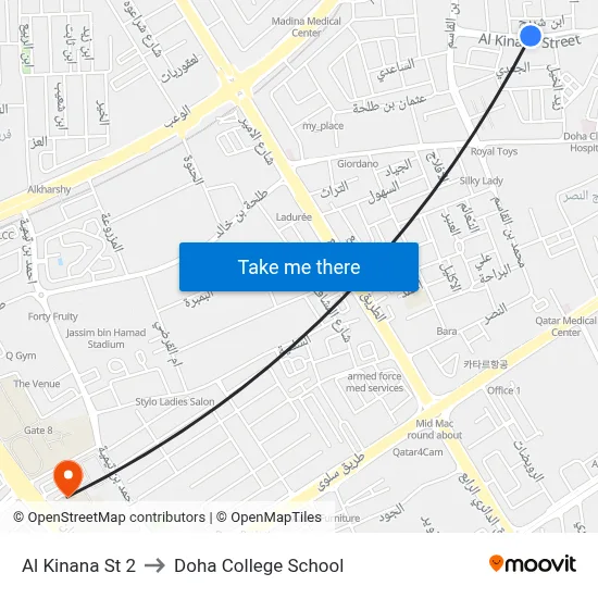 Al Kinana St 2 to Doha College School map