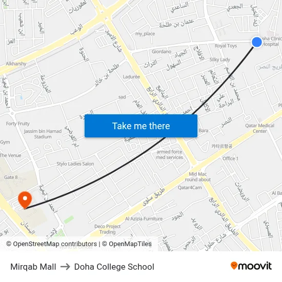 Mirqab Mall to Doha College School map
