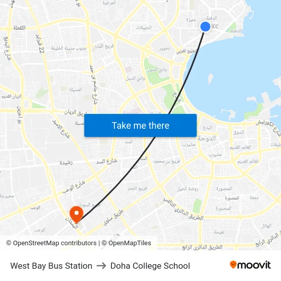 West Bay Bus Station to Doha College School map