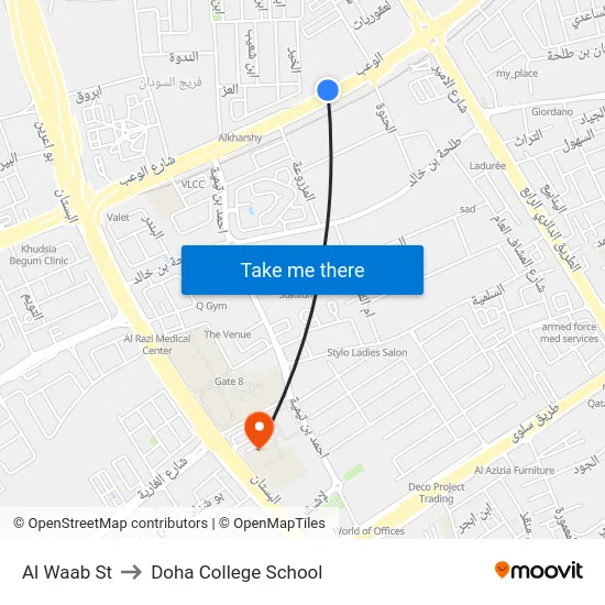Al Waab St to Doha College School map