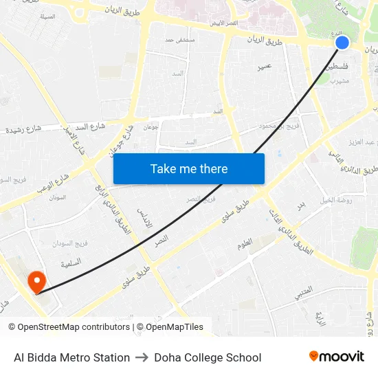 Al Bidda Metro Station to Doha College School map