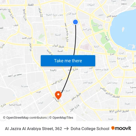Al Jazira Al Arabiya Street, 362 to Doha College School map