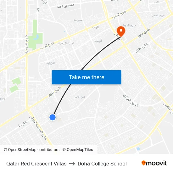 Qatar Red Crescent Villas to Doha College School map