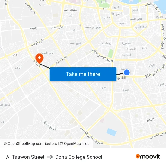 Al Taawon Street to Doha College School map