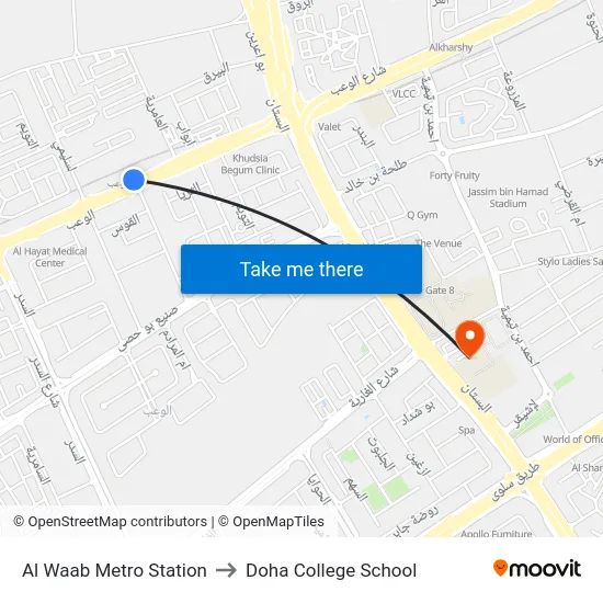 Al Waab Metro Station to Doha College School map