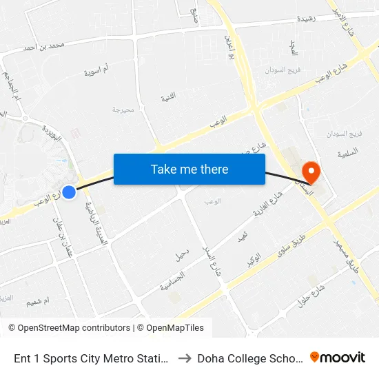 Ent 1 Sports City Metro Station to Doha College School map