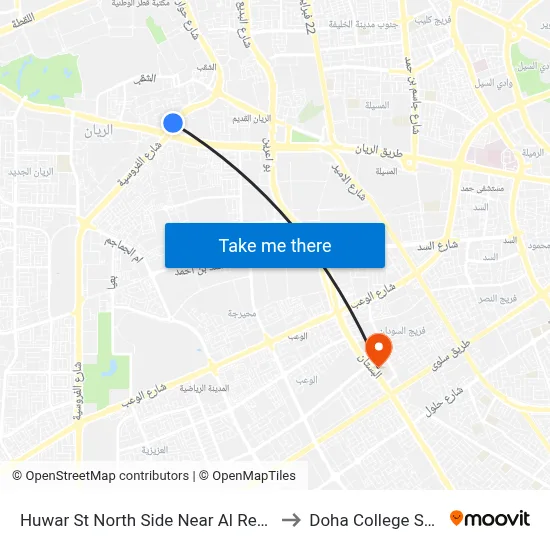 Huwar St North Side Near Al Rekayya St to Doha College School map