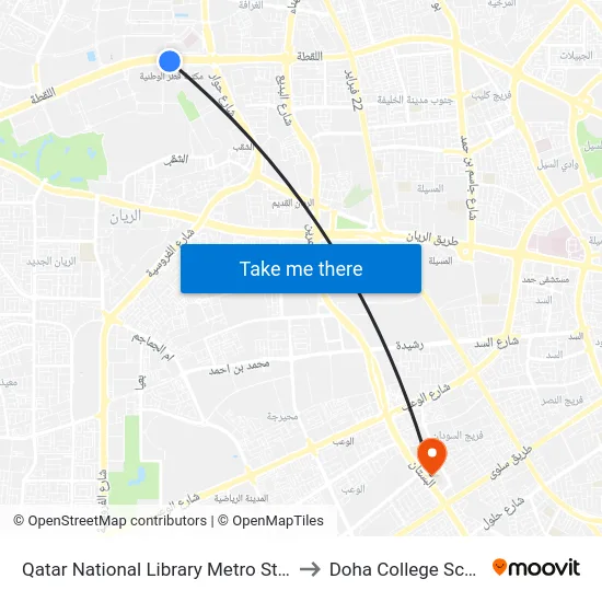 Qatar National Library Metro Station to Doha College School map