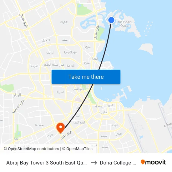 Abraj Bay Tower 3 South East Qanat Quartier to Doha College School map