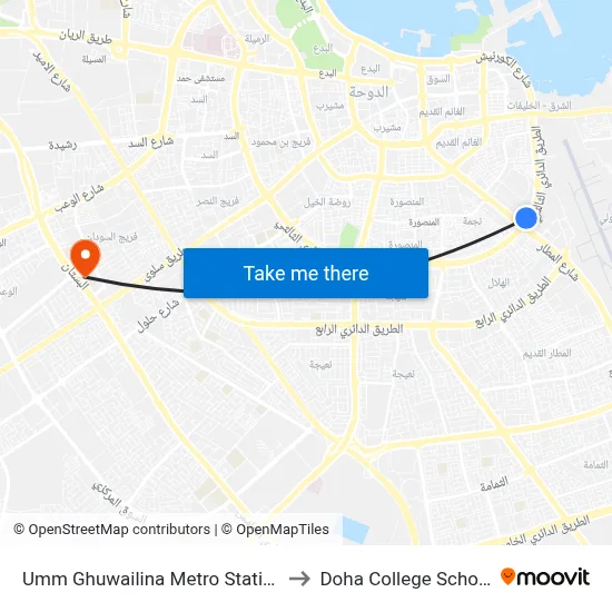 Umm Ghuwailina Metro Station to Doha College School map