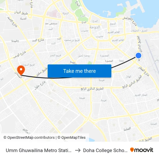 Umm Ghuwailina Metro Station to Doha College School map