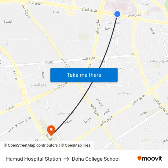 Hamad Hospital Station to Doha College School map