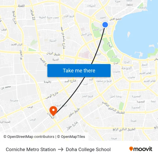 Corniche Metro Station to Doha College School map
