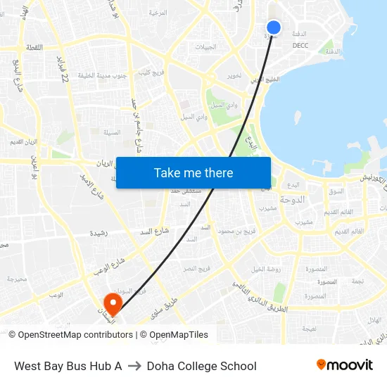 West Bay Bus Hub A to Doha College School map