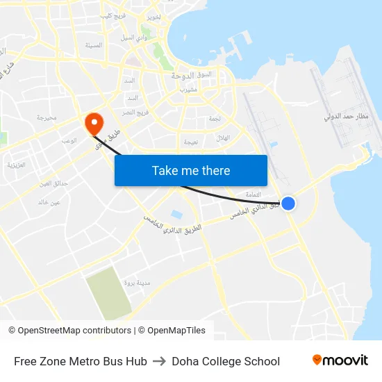 Free Zone Metro Bus Hub to Doha College School map