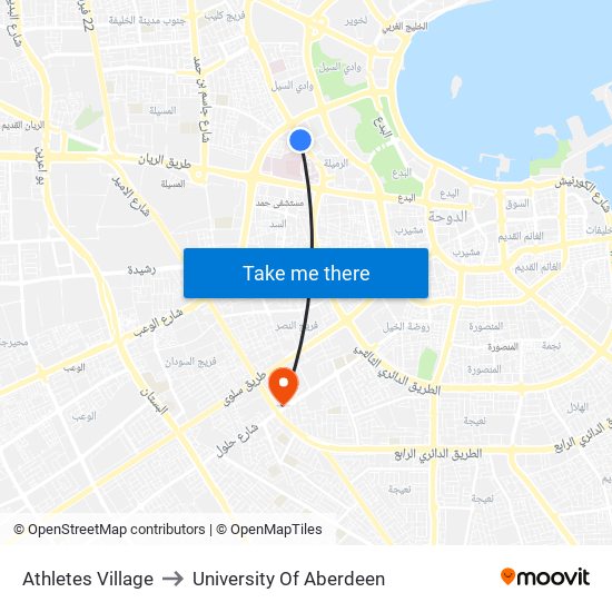 Athletes Village to University Of Aberdeen map