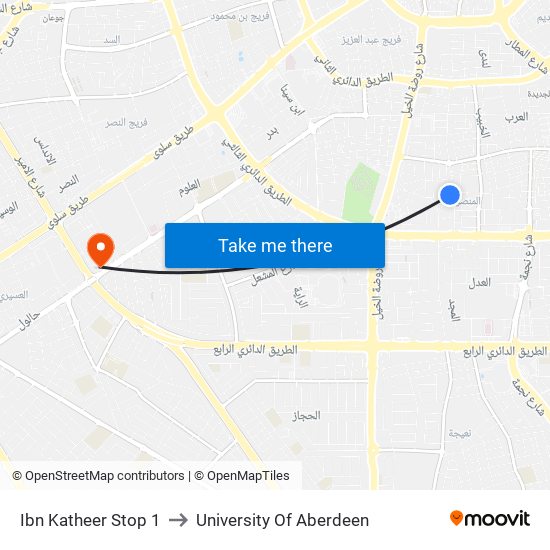 Ibn Katheer Stop 1 to University Of Aberdeen map