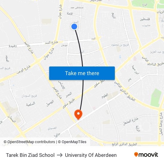 Tarek Bin Ziad School to University Of Aberdeen map
