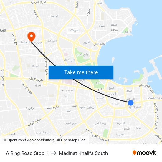 A Ring Road Stop 1 to Madinat Khalifa South map