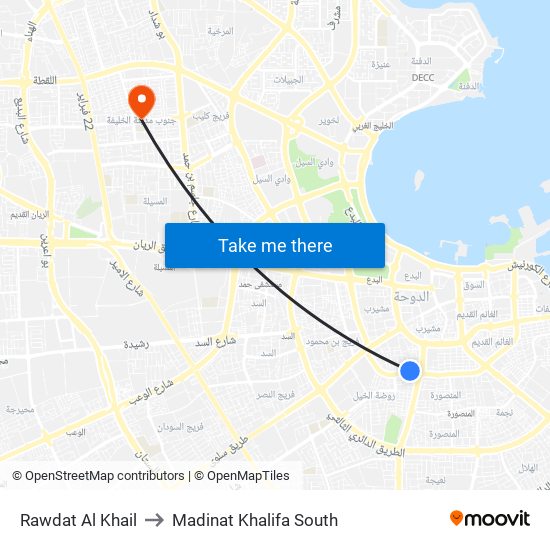 Rawdat Al Khail to Madinat Khalifa South map