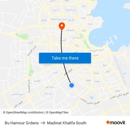 Bu Hamour Grdens to Madinat Khalifa South map