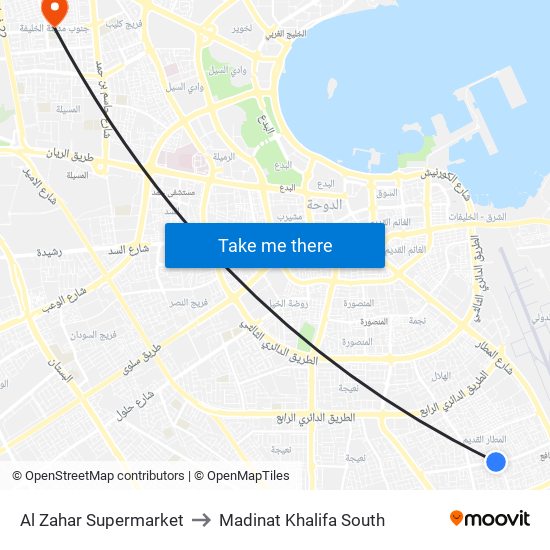 Al Zahar Supermarket to Madinat Khalifa South map