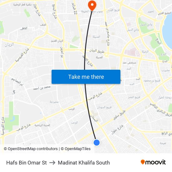 Hafs Bin Omar St to Madinat Khalifa South map