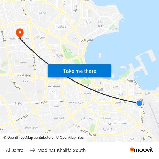 Al Jahra 1 to Madinat Khalifa South map