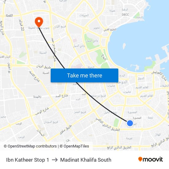 Ibn Katheer Stop 1 to Madinat Khalifa South map