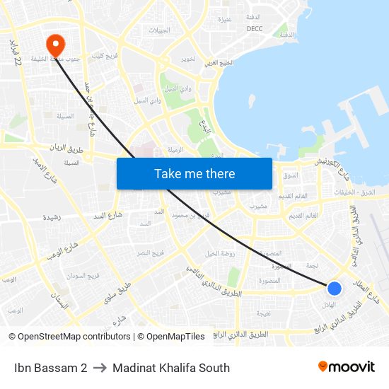 Ibn Bassam 2 to Madinat Khalifa South map