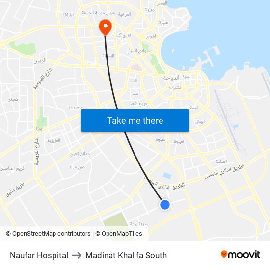 Naufar Hospital to Madinat Khalifa South map