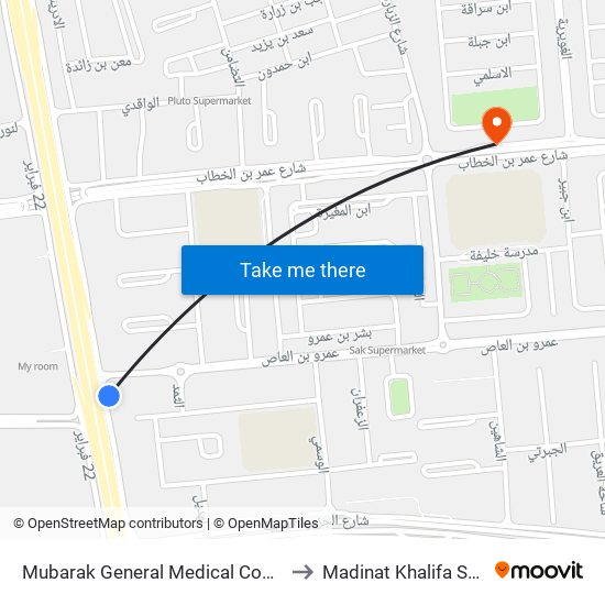 Mubarak General Medical Complex to Madinat Khalifa South map
