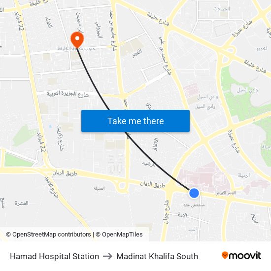 Hamad Hospital Station to Madinat Khalifa South map