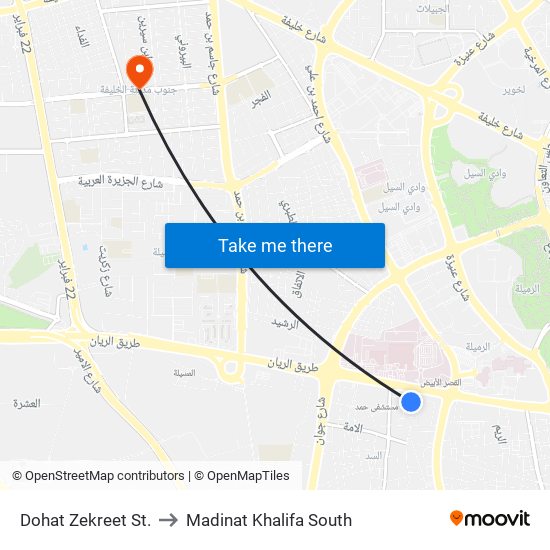 Dohat Zekreet St. to Madinat Khalifa South map