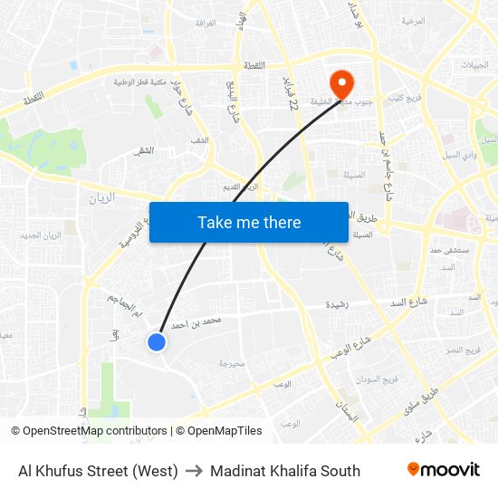 Al Khufus Street (West) to Madinat Khalifa South map