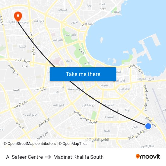 Al Safeer Centre to Madinat Khalifa South map