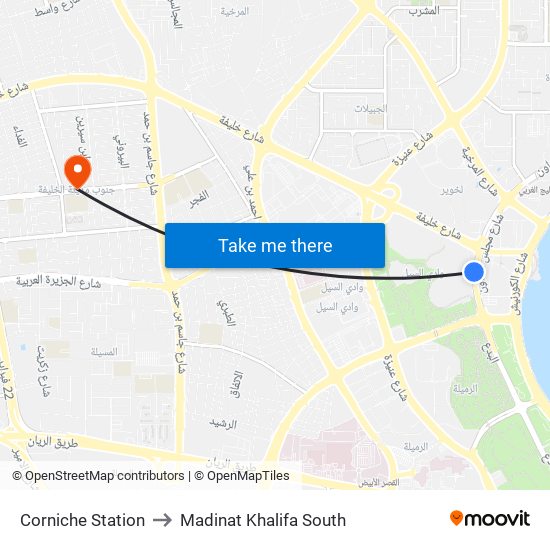 Corniche Station to Madinat Khalifa South map