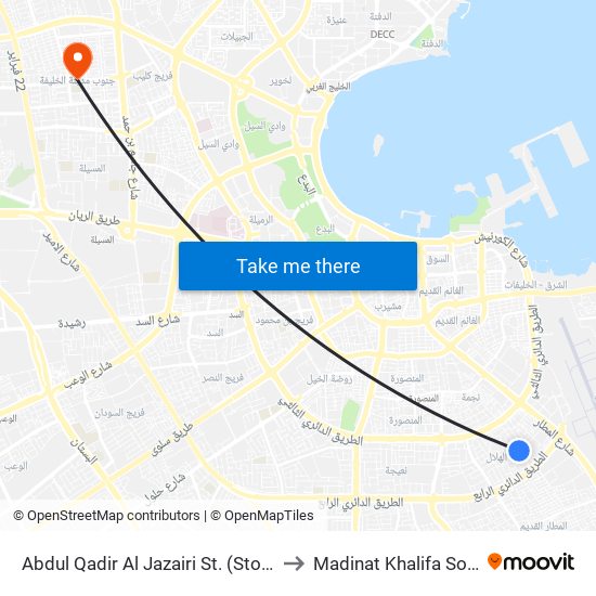 Abdul Qadir Al Jazairi St. (Stop-A) to Madinat Khalifa South map