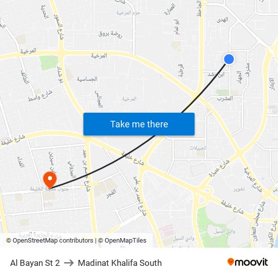 Al Bayan St 2 to Madinat Khalifa South map