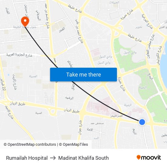 Rumailah Hospital to Madinat Khalifa South map
