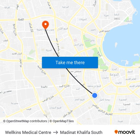 Wellkins Medical Centre to Madinat Khalifa South map