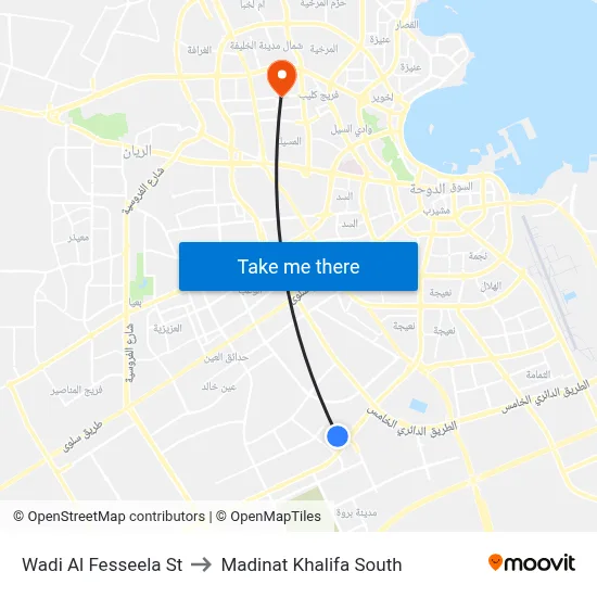 Wadi Al Fesseela Street to Madinat Khalifa South map