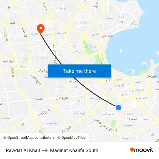 Rawdat Al Khail to Madinat Khalifa South map