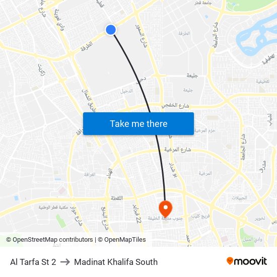 Al Tarfa St 2 to Madinat Khalifa South map