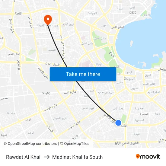 Rawdat Al Khail to Madinat Khalifa South map