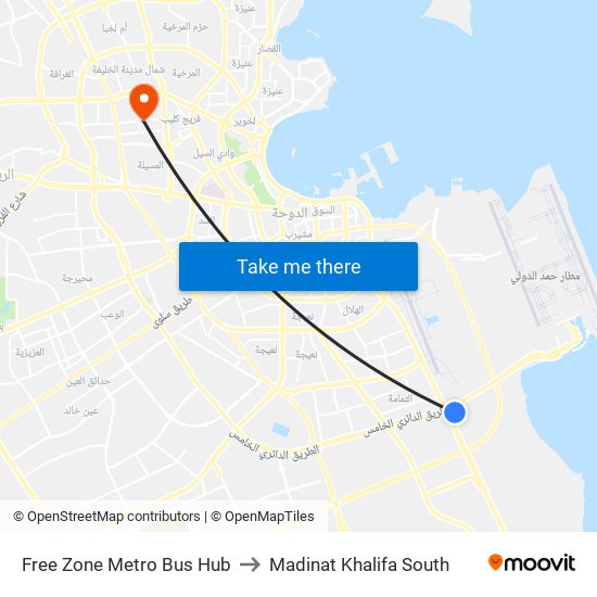 Free Zone Metro Bus Hub to Madinat Khalifa South map