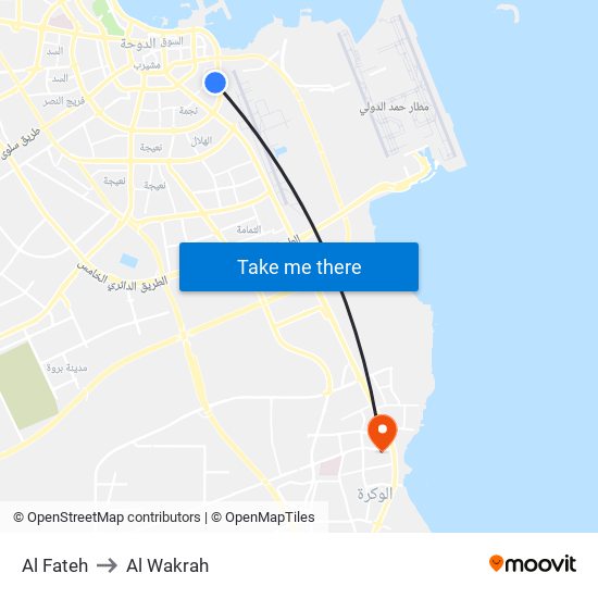 Al Fateh to Al Wakrah map