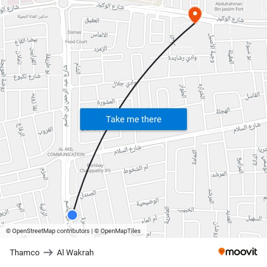 Thamco to Al Wakrah map