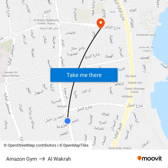 Amazon Gym to Al Wakrah map