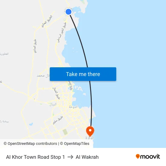 Al Khor Town Road Stop 1 to Al Wakrah map